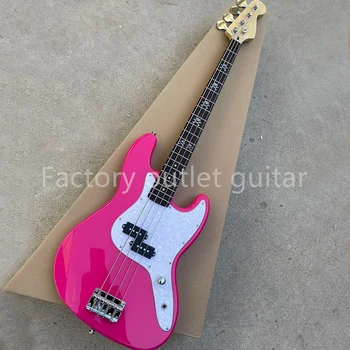 4-Струнная розовая электрическая бас-гитара со вставками в виде черепов, накладка из розового дерева с перламутровой накладкой на грифе Настраиваемая