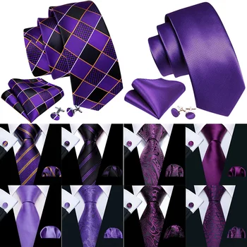 Темно-фиолетовый Шелковый мужской галстук в клетку, высококачественные Карманные Квадратные запонки, Модный костюм, галстук, подарок для деловой вечеринки Barry.Wang 5287