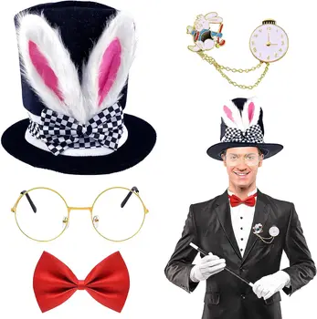 Комплект костюмов белого кролика Шляпа Безумного Шляпника Плюшевая шляпа с кроличьими ушками на Хэллоуин EPESENAR Набор аксессуаров
