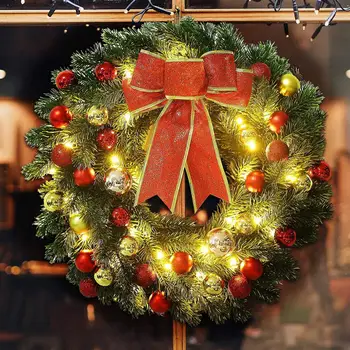 Рождественский венок с большим бантом, светодиодный светящийся Рождественский венок, 30/40 см, Гирлянда с бантом из сосновых иголок, для внутренней наружной дверной стены
