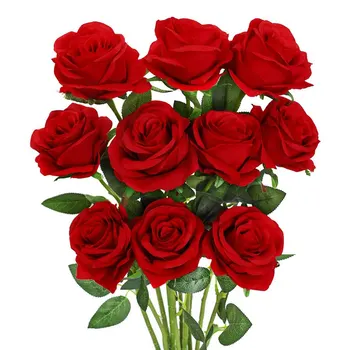 Искусственный цветок розы, красные шелковые розы на стеблях, букет цветов для свадебной вечеринки, декор для дома, упаковка из 10 штук (красный)