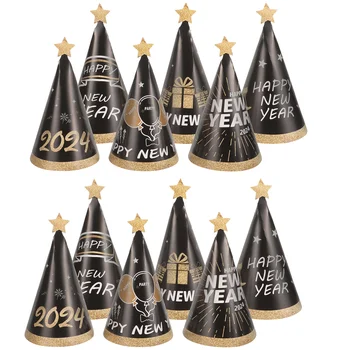 12шт новогодних шляп для вечеринок 2024 С Новым годом, украшения для вечеринок, конусные бумажные шляпы