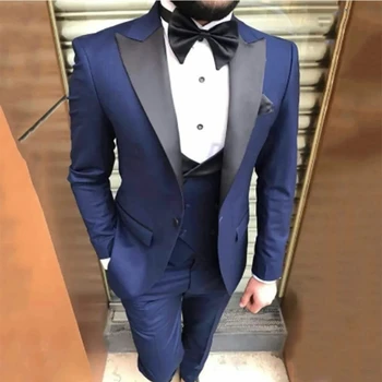 Темно-синие мужские костюмы Sim Fit Свадебное платье Смокинг жениха Новый черный Костюм с отворотом Homme (Куртка + Жилет + брюки)