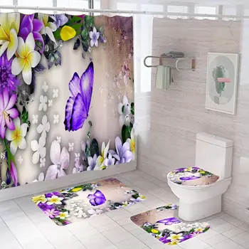 Занавеска для душа с видом на бабочку и цветок, коврик для пола, набор туалетных ковриков, Занавеска для душа, Водонепроницаемый набор для украшения ванной комнаты