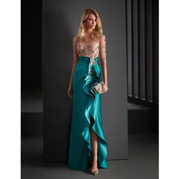 Изысканное Нефритовое атласное вечернее платье для женщин 2023 Illusion Prom С высоким разрезом, круглым вырезом, половинными рукавами и оборками, вечернее платье Vestido