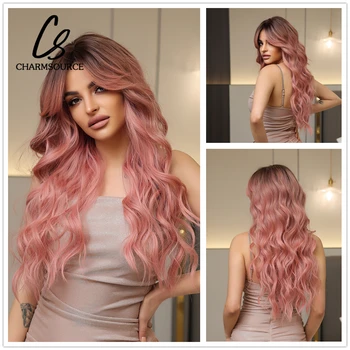 CharmSource Длинные Розовые парики Омбре, Волнистые парики из синтетических волос, Многослойные с челкой, темные корни, женские повседневные вечеринки, Термостойкие волокна