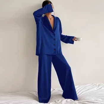 Осенний женский комплект одежды для дома 2023 с длинным рукавом, рубашка из искусственного шелка, тонкие брюки, комплект пижам из двух предметов для женщин