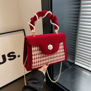 2024 новая модная женская сумка через плечо с красным жемчугом из цельного войлока в стиле пэчворк в стиле каваи, повседневная сумка через плечо, сумочка для вечеринки, сумочка для свиданий