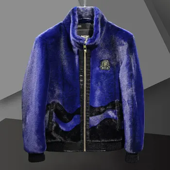 Herren Winter Jacke Мужская Синяя куртка из искусственной кожи Контрастной строчки с имитацией меха Трендовое мужское пальто Veste Fourrure Homme