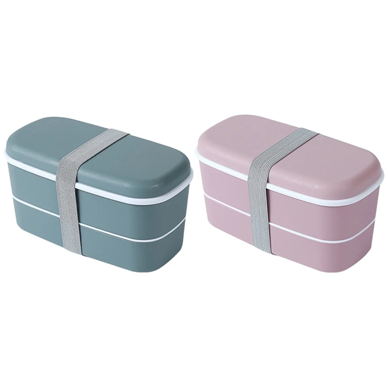 2 комплекта 2-слойных ланч-боксов для микроволновой печи с отделениями, Герметичная коробка для Бенто, Изолированный контейнер для еды, Розовый и зеленый - 0