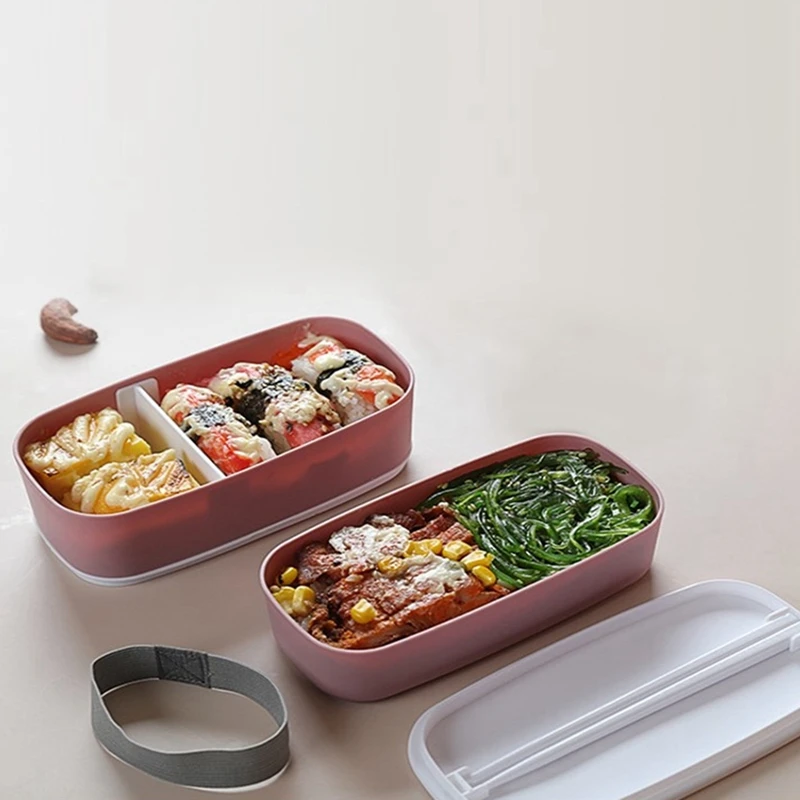 2 комплекта 2-слойных ланч-боксов для микроволновой печи с отделениями, Герметичная коробка для Бенто, Изолированный контейнер для еды, Розовый и зеленый - 3