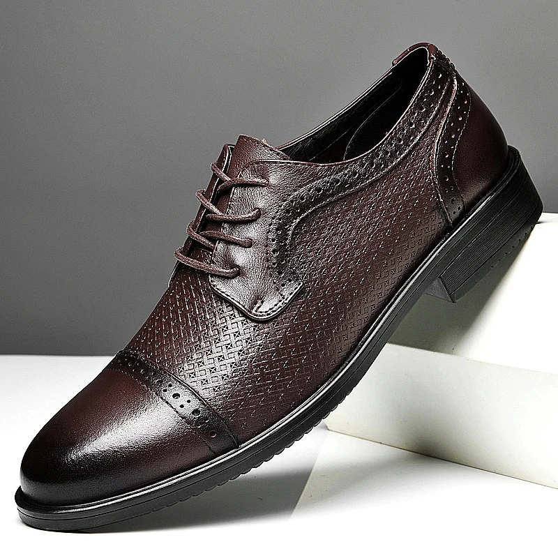 2024 Мужская обувь Оксфорды из натуральной кожи, модная деловая повседневная обувь для вечеринок, банкетов, повседневных винтажных кожаных модельных туфель на шнуровке - 0
