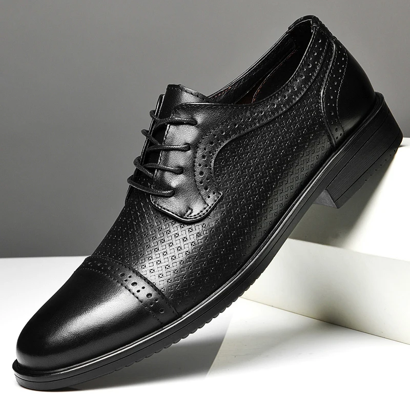 2024 Мужская обувь Оксфорды из натуральной кожи, модная деловая повседневная обувь для вечеринок, банкетов, повседневных винтажных кожаных модельных туфель на шнуровке - 1