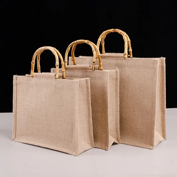 Портативная хозяйственная сумка из мешковины и джута, сумочка с бамбуковыми петлевыми ручками, ретро-сумка 