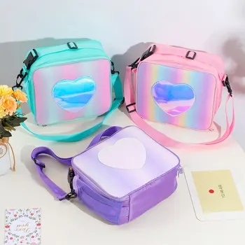 Лазерная сумка для ланча Rainbow Loving Heart, переносная сумка для бенто для детей, термоизолированный ланч-бокс, сумка-холодильник, сумка через плечо
