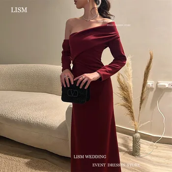 LISM Простые бордовые вечерние платья на одно плечо, Длинные рукава, вырез лодочкой, Трапециевидное платье длиной до пола, вечернее платье для выпускного вечера