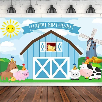Фон для фотосъемки, Мультяшный синий фон для животных в сарае на ферме для мальчиков, с Днем Рождения, Украшение баннера, Плакат