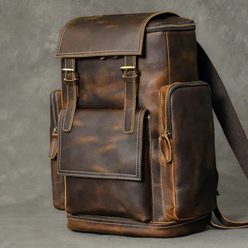 Ретро Кожаный мужской рюкзак Crazy Horse, мужская сумка для компьютера, 15,6-дюймовые сумки для ноутбуков, дорожные рюкзаки из натуральной кожи Большой емкости
