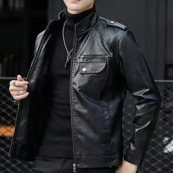 2023 Куртка из искусственной кожи, мотоциклетные мужские куртки, однотонная верхняя одежда Jaqueta De Couro Masculina, мужские пальто из искусственной кожи на молнии H41