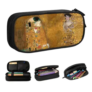 Милая женщина в золотых пеналах для девочек и мальчиков Большой емкости The Kiss By Gustav Klimt, сумка для карандашей, канцелярские принадлежности