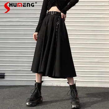 Женская летняя темно-ретро-нишевая черная юбка с разрезом, Высокая талия, облегающая юбка-зонтик средней длины трапециевидной формы, Модные свободные короткие юбки