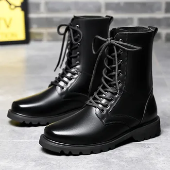 мужские повседневные ковбойские ботинки, черные модные оригинальные кожаные ботинки, высокие мотоциклетные ботинки на шнуровке, красивый длинный рыцарь, массивные мужские ботфорты