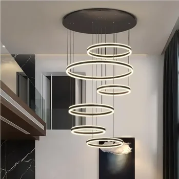 Алюминиевые акриловые светодиодные подвесные светильники Nordic Circles, Современный умный подвесной светильник с регулируемой яркостью, люстры для гостиной, лестницы, светильники