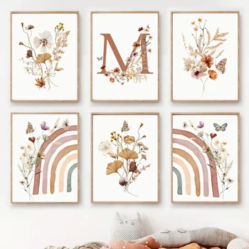 Бохо Радуга, полевые цветы, бабочки, детская комната и принты, настенное искусство, скандинавские плакаты, картины, декор детской комнаты
