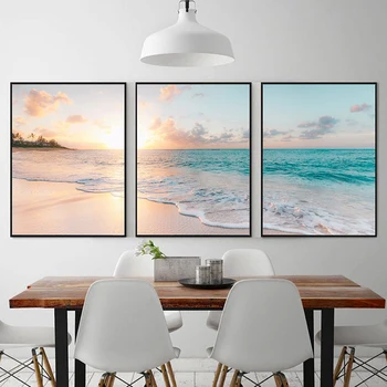 Пляжные плакаты Холст Картина Волны Принты Набор из 3 океанских декораций Прибрежные картины с морскими пейзажами для гостиной Украшения дома Подарки
