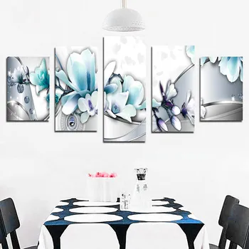 Роскошный синий цветок магнолии и бутоны 5шт Печать на холсте водонепроницаемыми чернилами HD 5D Настенная живопись Картина для украшения гостиной