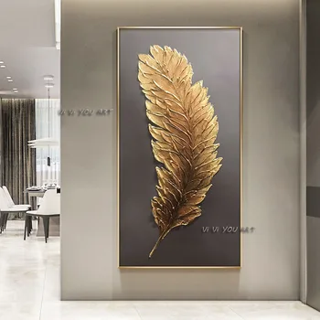 Абстрактная картина маслом ручной работы, украшение из золотых перьев, холст большого размера, современное настенное искусство, Минималистичная гостиная