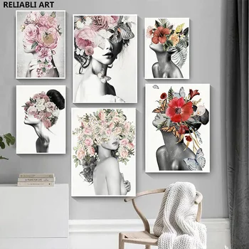 Модный настенный художественный плакат с цветком в виде женской головы, художественные принты с бабочками, картина на холсте для сексуальных девушек, современная картина для гостиной