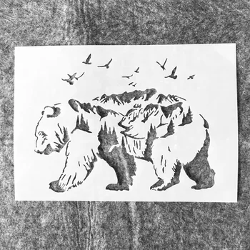 Формат А4 29 см, горный медведь Форрест, птицы, многослойные трафареты 