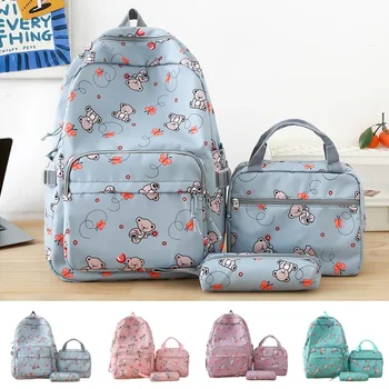 Школьный рюкзак для начальной школы с мультяшным медведем, нейлоновый рюкзак для кампуса для девочек, рюкзак для средней школы, набор из трех предметов, сумка для ручек, сумка для ланча
