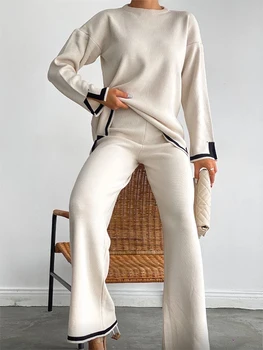 Женская трикотажная одежда из 2 предметов контрастного цвета, свободный свитер, комплект эластичных брюк, элегантный свитер в тон, уличная одежда, костюмы для йоги