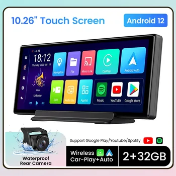 Автомобильный видеорегистратор Android 12 HD с 10,26-дюймовым сенсорным экраном, монитор приборной панели, Беспроводной Carplay Android Auto MirrorLink, GPS-навигатор
