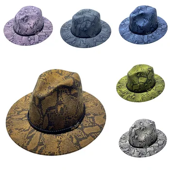 Широкополые цилиндры со змеиным принтом для мужчин и женщин, фетровые шляпы из искусственного войлока, шляпы с большими полями, осенне-зимняя шерстяная джазовая шляпа