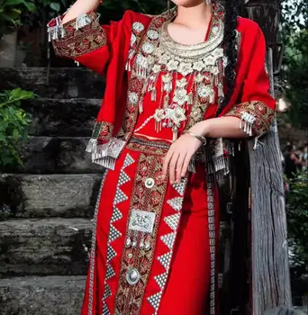 Китайское женское платье Мяо, красное, летнее, новинка