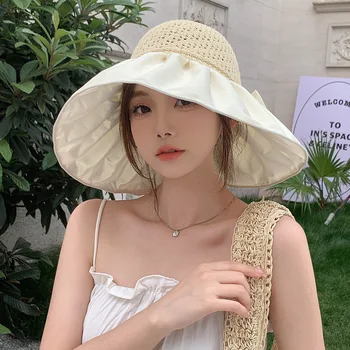 В корейском стиле Летняя новая женская цветная пластиковая защитная сумка с бантом для хранения Air Top Модная шляпа от солнца с большими полями