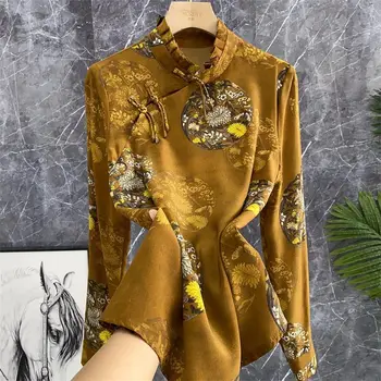 Винтажная блузка со скошенной грудью с пряжкой и цветочным принтом для женщин 2023 Весна и осень, улучшенный топ для костюма в китайском стиле эпохи Тан