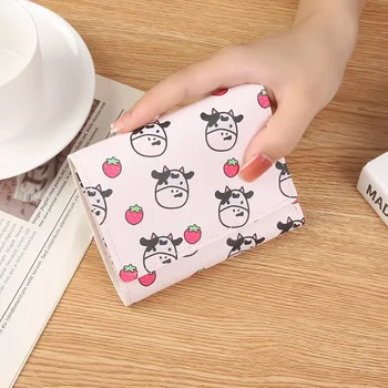 Новый студенческий портативный кошелек с несколькими картами и коротким карманом, милый мини-зажим для денег, трехкратная сумка для карт с изображением коровы для девочек