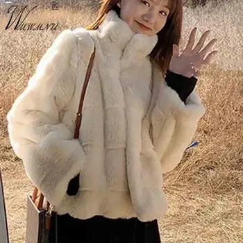 Корейское Плюшевое Короткое пальто из искусственного меха, Женская Новая Зимняя куртка из Кроличьего меха с воротником-стойкой, Шикарное модное утепленное пальто, пушистые Чакеты