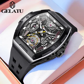 GELATU Оригинальный бренд, роскошные автоматические часы для мужчин, водонепроницаемые Механические наручные часы Tonneau Sport с силиконовым сапфировым стеклом