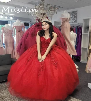 Платья для выпускного вечера Red Princess Quinceanera, бальное платье, кружевное пышное платье с цветами, Женское платье на день рождения Sweet 15, корсет для выпускного вечера