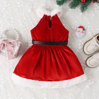 Рождественское платье для маленьких девочек, красное бархатное платье Санта-Клауса с меховым поясом, детские рождественские наряды, зимняя одежда
