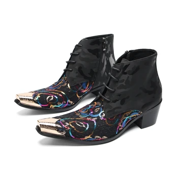 Итальянские мужские ботинки ручной работы на высоком каблуке с принтом; ботинки из натуральной кожи с острым железным носком; мужские ботинки для вечеринок в стиле панк; Модные ботинки для вечеринок в стиле панк;