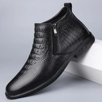 Зимние Короткие Плюшевые ботинки Челси из итальянской кожи с крокодиловым узором, Модельные туфли, повседневные деловые ботильоны, дизайнерские