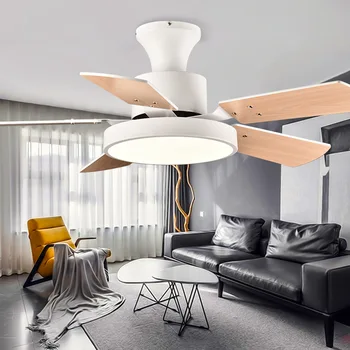 Низкопольный потолочный вентилятор Лампа Nordic Restaurant Living Room Вентилятор лампа с деревянными листьями Электрический вентилятор со светодиодной подсветкой Пульт дистанционного управления