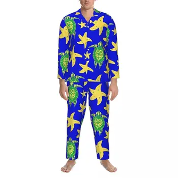 Пижамный комплект с плавающими черепахами, Весенняя Мягкая ночная пижама с принтом морской звезды для мужчин, 2 предмета, Винтажный домашний костюм большого размера в подарок