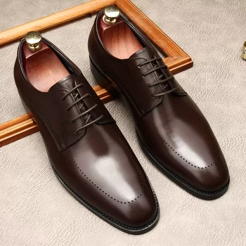 Мужские оксфордские туфли из натуральной кожи, броги на круглой шнуровке, черные официальные туфли, свадебные, офисные, вечерние, коричневые платья, мужская обувь.